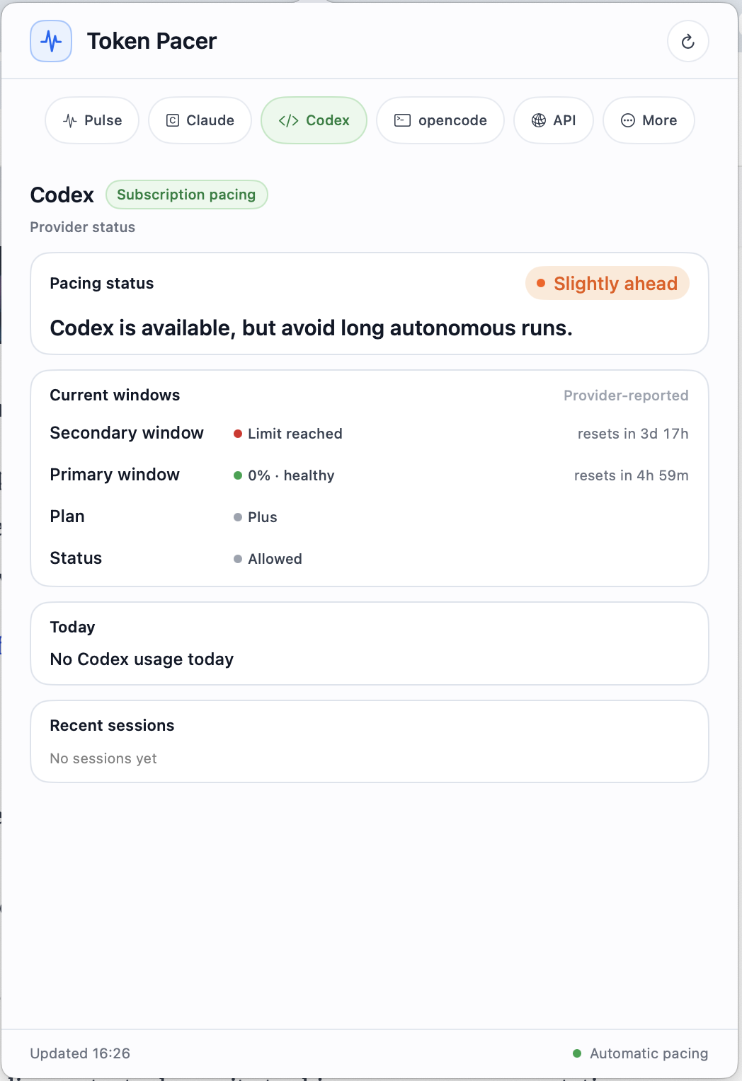Codex tab — slightly ahead, plan and windows