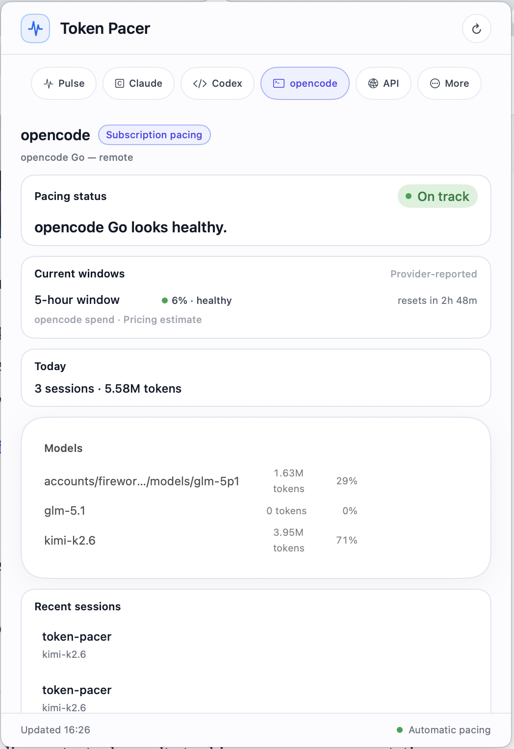 opencode tab — sessions, models, today's tokens