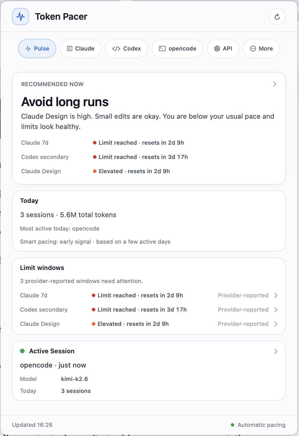 Token Pacer Pulse tab — recommended now: avoid long runs